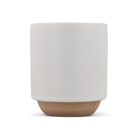 Mug en grès blanc avec base effet bois présenté de face sans anse visible, sans marquage apparent.