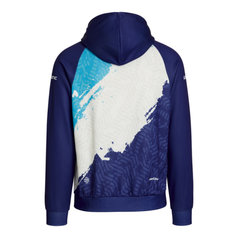 Sweat à capuche vu de dos avec personnalisation visible présentant un décor imprimé et des formes abstraites couvrant une grande