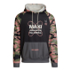 Sweat à capuche vu de face avec manches à motif camouflage et personnalisation visible avec texte sur la poitrine et sur la poch
