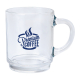 Mug transparent en verre, vue de face avec anse à droite, base épaisse, présentant une personnalisation visible sur la face avan Mug transparent en verre, vue de face avec anse à droite, base épaisse, présentant une personnalisation visible sur la face avan