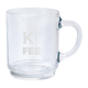 Mug transparent en verre, vue de face avec anse à droite, base épaisse, intégrant un marquage apparent sur la face avant. Mug transparent en verre, vue de face avec anse à droite, base épaisse, intégrant un marquage apparent sur la face avant.