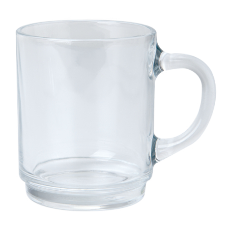 Mug transparent en verre, vue de face avec anse positionnée à droite, base épaisse et forme cylindrique, sans personnalisation v
