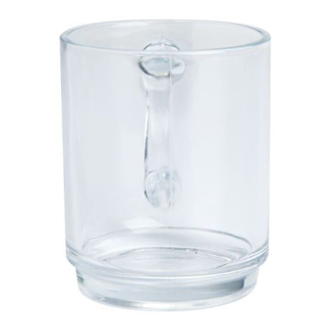 Mug transparent en verre vu de face avec l’anse alignée au centre arrière, base épaisse et paroi lisse, présenté sans marquage a