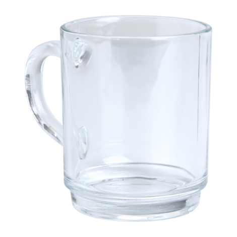 Mug transparent en verre vu de face avec anse positionnée à gauche, base épaisse et structure cylindrique, sans personnalisation