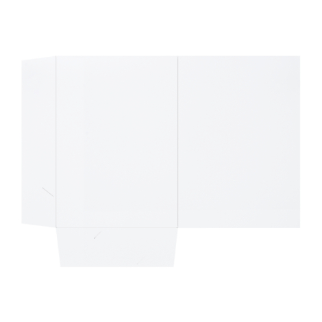 Chemise à rabats en carton blanc à plat, vue intérieure dépliée montrant plis et rabats, sans personnalisation visible.