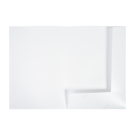 Chemise à rabats en carton blanc, vue intérieure ouverte avec rabat latéral et compartiment de rangement, sans personnalisation 
