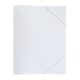 Chemise à rabats en plastique translucide blanc, vue de face fermée avec élastiques diagonaux, sans personnalisation visible.