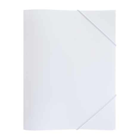 Chemise à rabats en plastique translucide blanc, vue de face fermée avec élastiques diagonaux, sans personnalisation visible.