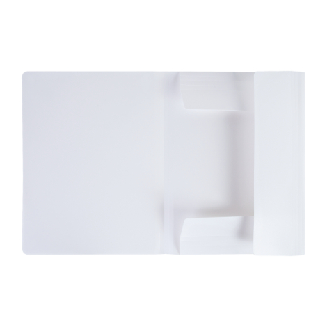 Chemise à rabats translucide blanc ouverte à plat, montrant les rabats intérieurs et le dos, sans marquage apparent.