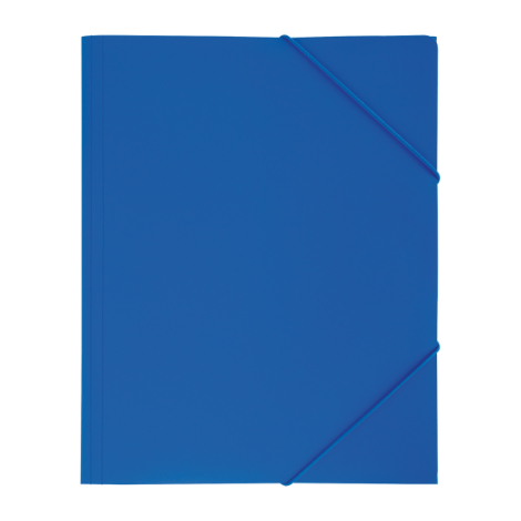 Chemise à rabats en plastique bleu, vue de face fermée avec élastiques diagonaux, sans marquage visible.