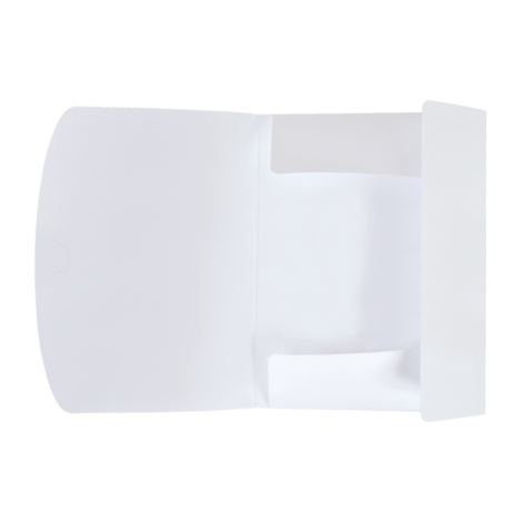 Chemise à rabat translucide blanc ouverte, montrant les compartiments intérieurs et le rabat, sans personnalisation visible.