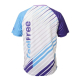 T-shirt raglan vu de dos avec décor lignes diagonales et marquage texte vertical, sans personnalisation visible T-shirt raglan vu de dos avec décor lignes diagonales et marquage texte vertical, sans personnalisation visible