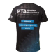 T-shirt vu de dos avec visuel composé de texte et éléments graphiques verticaux, sans personnalisation visible