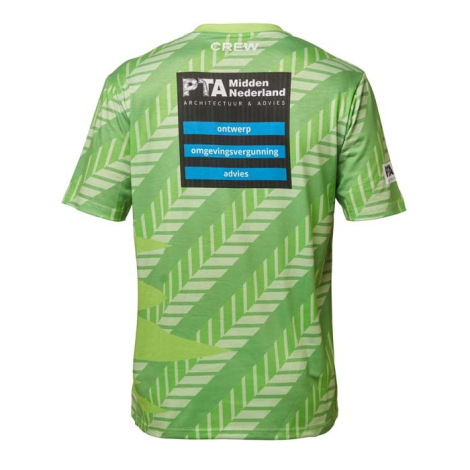 T-shirt vu de dos avec visuel vert incluant texte et blocs graphiques au centre, sans personnalisation visible