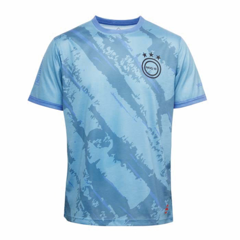 T-shirt vu de face avec décor ton sur ton formes irrégulières et symbole sur la poitrine, sans personnalisation apparente