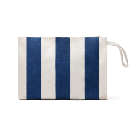 Pochette zippée rayée bleue et blanche avec poignée latérale présentée de face sur fond neutre, sans marquage visible