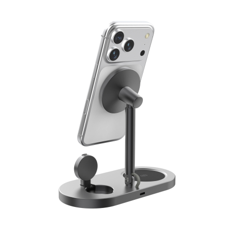 Vue arrière du chargeur avec smartphone sur support vertical et montre sur le socle, sans personnalisation visible