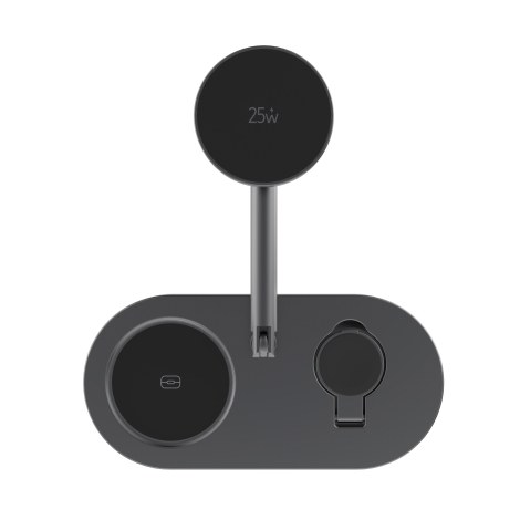 Vue de dessus du chargeur mettant en évidence les zones de charge sur socle et support vertical, sans personnalisation visible