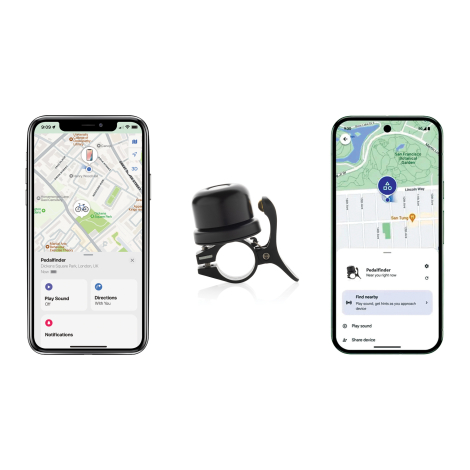 Smartphones affichant des interfaces de localisation avec sonnette de vélo au centre, sur fond clair, sans personnalisation appa
