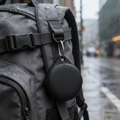 Dispositif accroché à un sac à dos en extérieur sous la pluie, en situation d’utilisation, sans personnalisation apparente