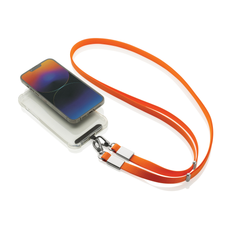 Lanière orange fixée à un smartphone posé à plat sur fond clair, sans personnalisation visible