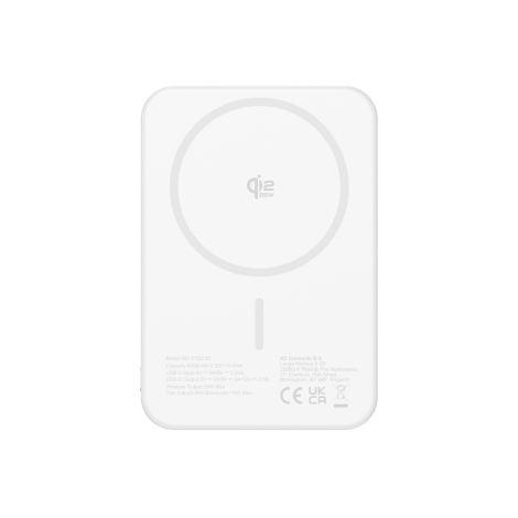 Vue arrière de la batterie externe avec cercle de positionnement pour charge sans fil et marquages techniques, sur fond clair, s