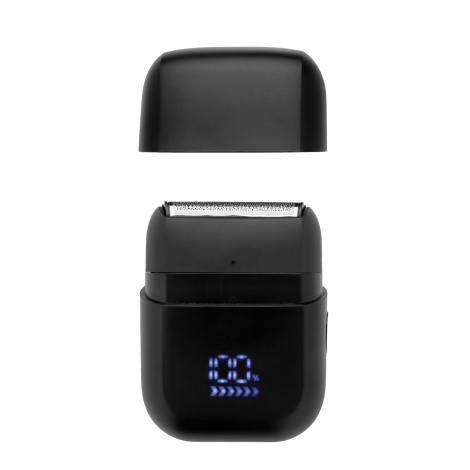 Rasoir ouvert avec capuchon au-dessus et écran lumineux visible sur la face avant, sur fond clair, sans personnalisation apparen