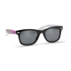 Paire de lunettes vue en angle, avec monture noire et branche multicolore présentant un visuel imprimé avec personnalisation vis