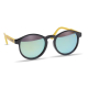 Lunettes rondes vues en angle avec monture noire et branches jaunes comportant un marquage texte visible
