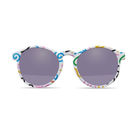Paire vue de face avec monture multicolore entièrement personnalisée avec motif visible
