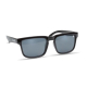 Lunettes en angle avec monture noire unie et marquage discret visible sur les branches