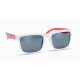 Paire de lunettes vue en angle avec monture blanche et branches bicolores avec marquage visible