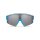 Lunettes de face avec monture bleue et marquage texte visible sur le verre
