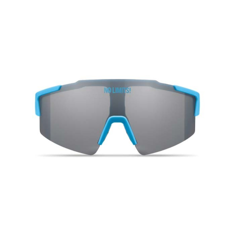 Lunettes de face avec monture bleue et marquage texte visible sur le verre