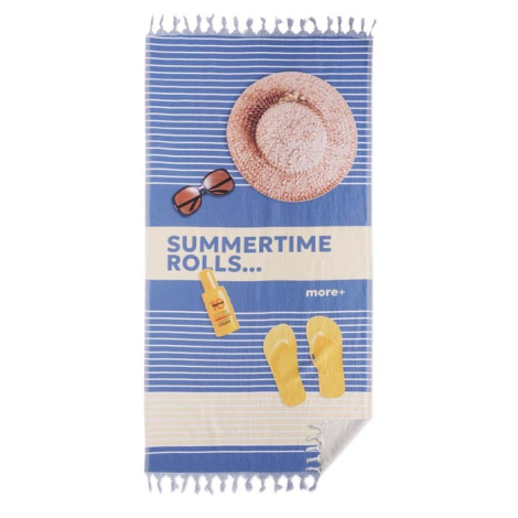 Serviette à plat avec décor imprimé en bandes et éléments graphiques avec personnalisation visible