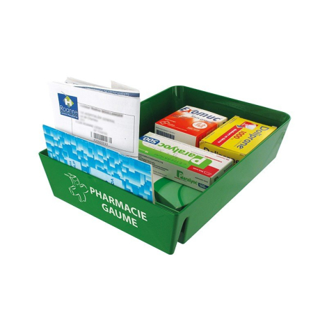 Bac de préparation vert avec produit à l'intérieur et marquage visible 