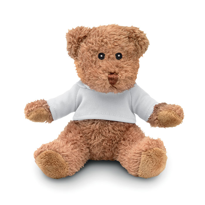 Ourson en peluche avec t-shirt publicitaire Johnny T Blanc