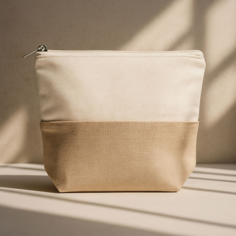 Trousse beige sans marquage visible sur une table