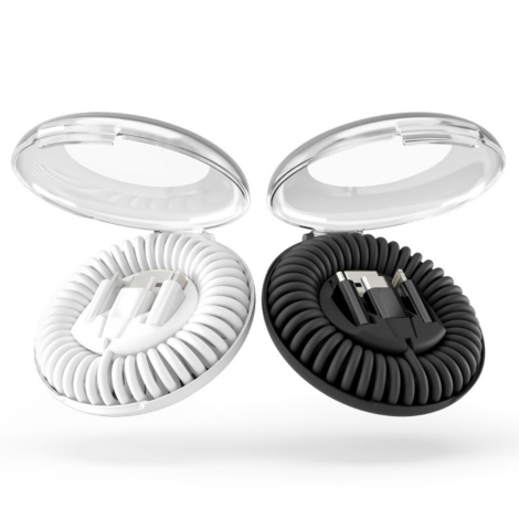 Deux boîtiers ronds ouverts blanc et noir avec câble enroulé et connecteurs intégrés présentés en suspension, sans personnalisat