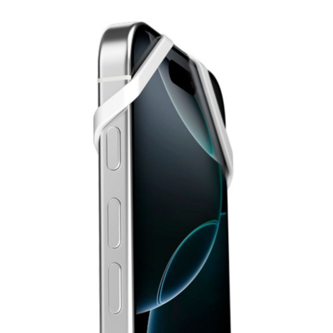 Vue latérale d’un smartphone avec cordon blanc fixé aux coins de la coque, sans marquage visible.