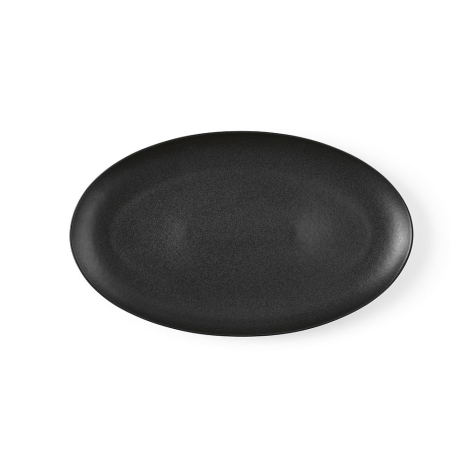 Vue de dessus d’un plat ovale en céramique noire, sans marquage visible.