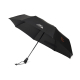 Parapluie noir ouvert incliné sur fond neutre avec personnalisation visible en couleur sur un panneau de la toile.