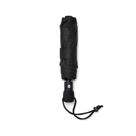 Parapluie noir fermé avec poignée et dragonne, présenté verticalement sur fond neutre, sans personnalisation visible.