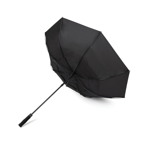 Parapluie noir ouvert vu de dessous montrant la structure interne, sans marquage visible.