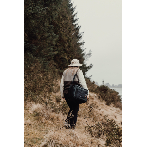 Personne marchant en extérieur avec sac isotherme porté en bandoulière, sans personnalisation visible.