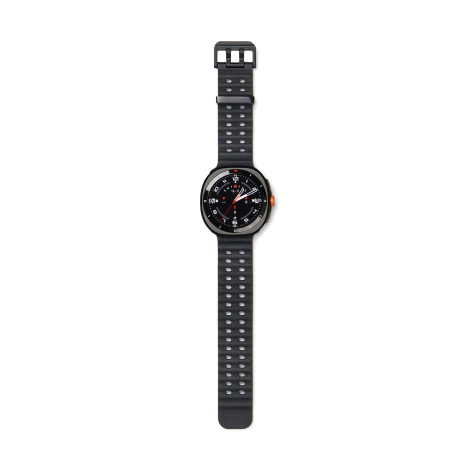 Montre connectée avec cadran rond et bracelet noir sur fond neutre avec affichage différent, sans personnalisation visible.