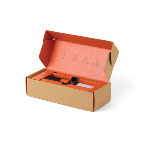 Boîte en carton ouverte avec lampe et accessoires à l’intérieur, sans marquage visible sur le produit.