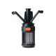 Lampe de camping noire cylindrique avec parties lumineuses déployées sur fond neutre, sans personnalisation visible.