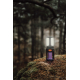 Lampe de camping éclairée posée sur un rocher en extérieur avec environnement forestier, sans marquage visible.
