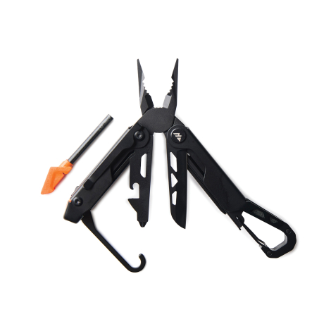 Pince multifonctions ouverte avec plusieurs outils déployés sur fond neutre, sans marquage visible.